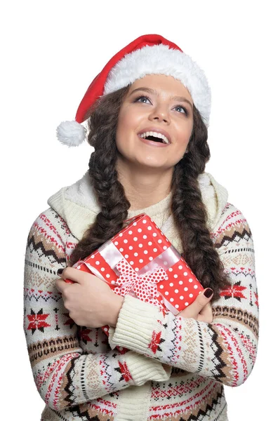 Retrato Jovem Feliz Com Presente Natal Isolado Fundo Branco — Fotografia de Stock
