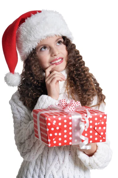 Retrato Menina Sorridente Com Presente Natal Isolado Fundo Branco — Fotografia de Stock