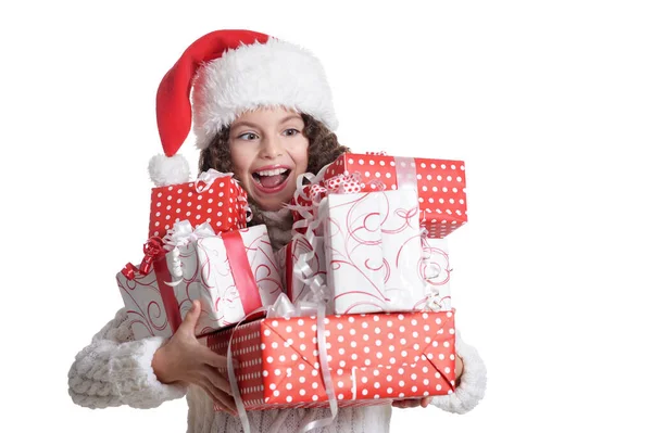 Retrato Menina Sorridente Com Presentes Natal Isolado Fundo Branco — Fotografia de Stock