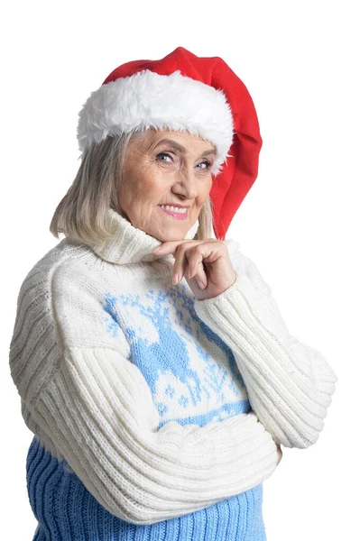 Porträtt Leende Glad Senior Kvinna Santa Hatt Poserar Isolerad Vit — Stockfoto