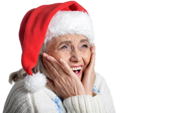 Porträtt Leende Glad Senior Kvinna Santa Hatt Poserar Isolerad Vit — Stockfoto