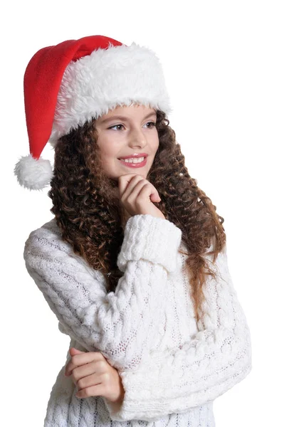 Porträtt Leende Liten Flicka Santa Hatt Isolerad Vit Bakgrund — Stockfoto