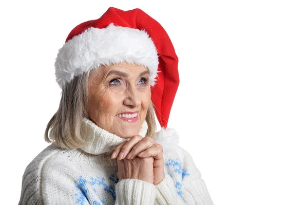 Porträtt Leende Glad Senior Kvinna Santa Hatt Poserar Isolerad Vit — Stockfoto