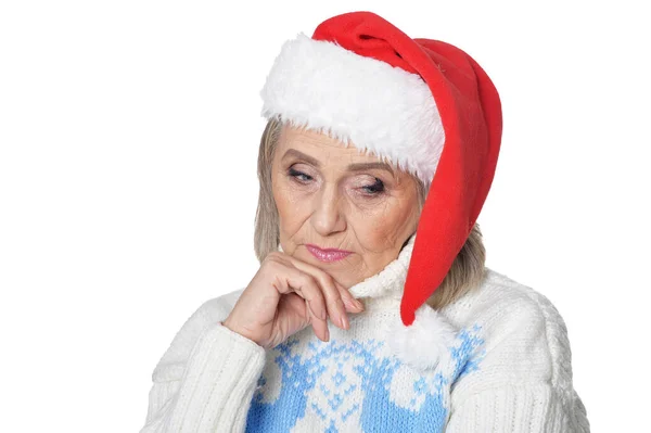 Portrait Femme Âgée Triste Dans Chapeau Père Noël Isolé Sur — Photo