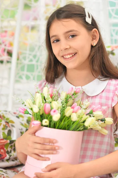 Happy Girl Holding Tulips Swing — Stock Photo, Image