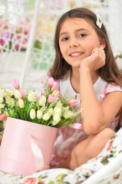 Happy Little Girl Posing Tulips Swing — Stock Photo, Image