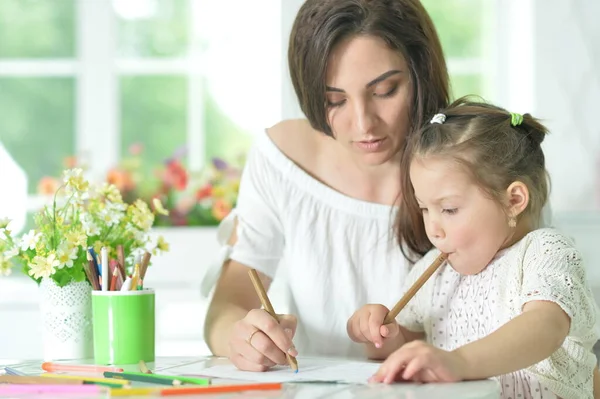 Cute Girl Mother Drawing Table — Stock Photo, Image