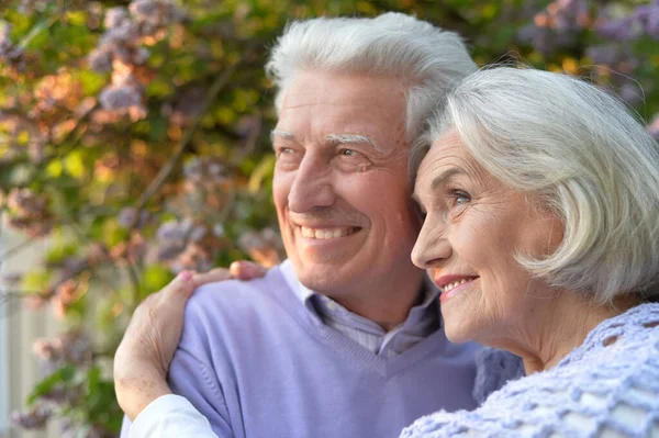 Mooi Senior Paar Knuffelen Het Park Door Seringen — Stockfoto