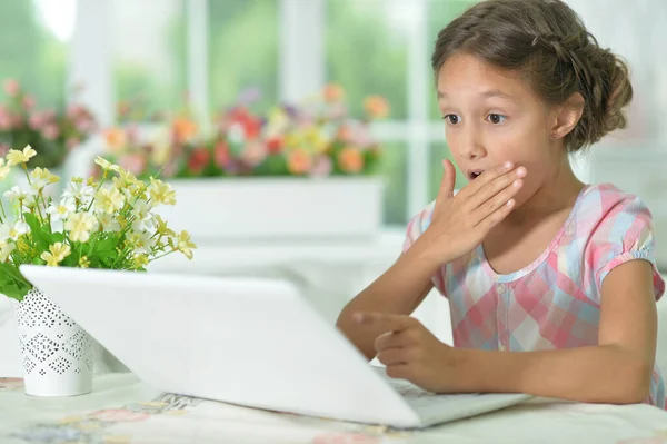 Έκπληξη Χαριτωμένο Κορίτσι Χρησιμοποιώντας Φορητό Υπολογιστή Στο Σπίτι — Φωτογραφία Αρχείου