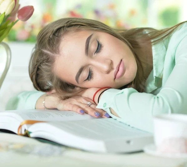 Young Attractive Woman Sleeping Book — Stock Photo, Image