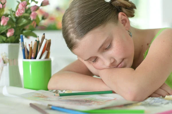 Cute Schoolgirl Sleeping Her Homework Home — Stock Photo, Image