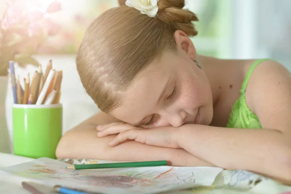 Cute Schoolgirl Sleeping Her Homework Home — Stock Photo, Image