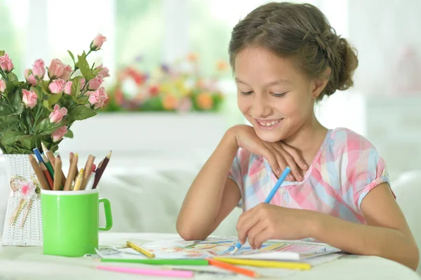 Cute Girl Drawing Picture Home Stock Picture