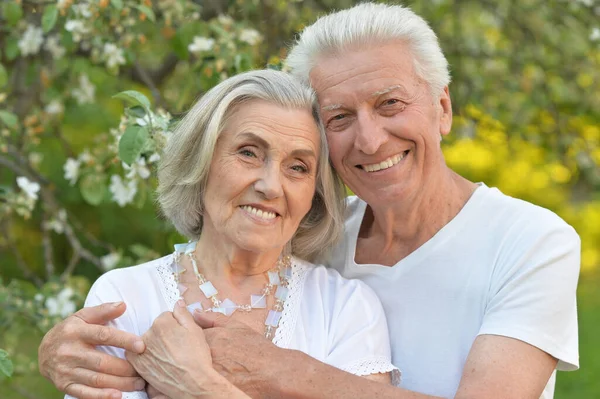 Retrato de belo casal sênior posando no parque — Fotografia de Stock