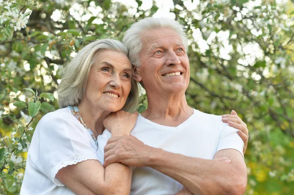 Portrét krásného seniorského páru pózujícího v parku — Stock fotografie