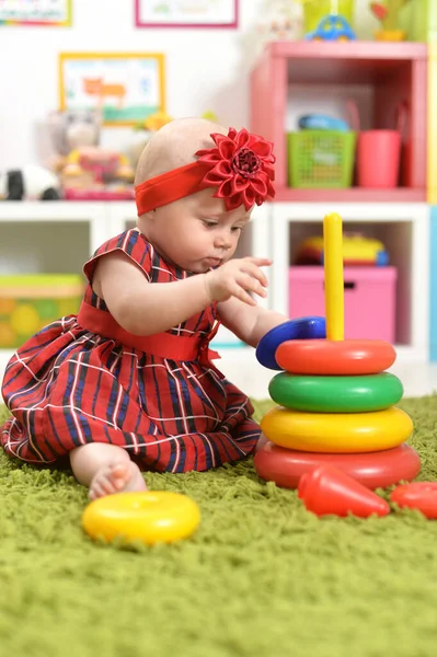Cute Little Baby Girl Pyramid Toy — Stock Photo, Image