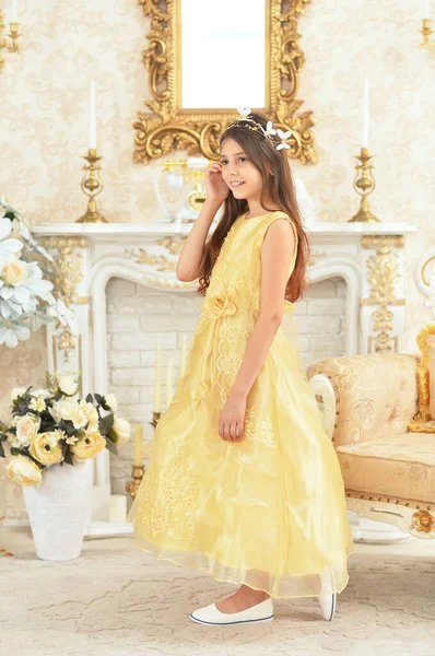 Girl Yellow Dress Sitting Armchair — Stock Photo, Image