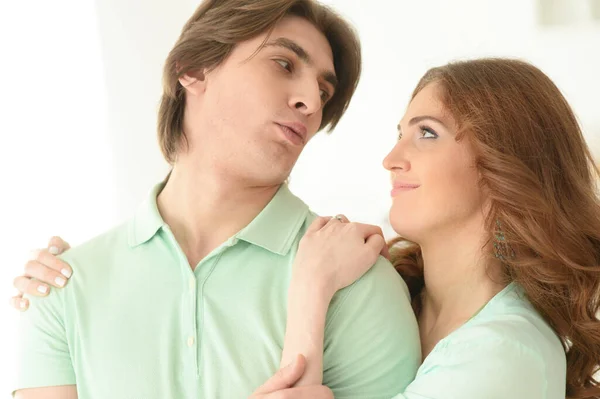 Close Portrait Happy Young Couple Embracing Home — Stock Photo, Image