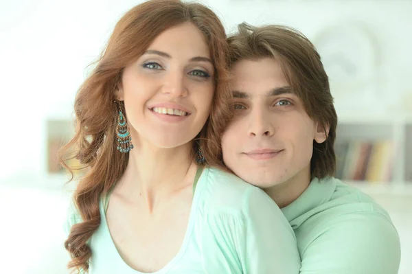 Close Portrait Happy Young Couple Embracing Home — Stock Photo, Image