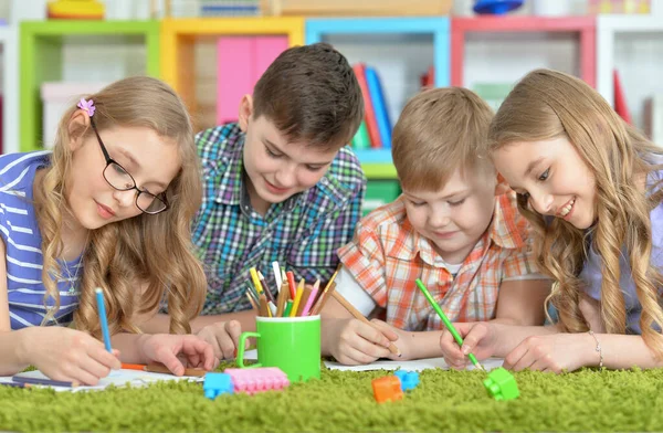 Children Lying Floor Drawing Pencils — Stock Photo, Image