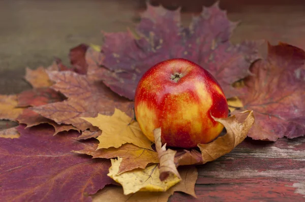 Manzana Roja Sobre Una Mesa Madera Sobre Hojas Otoñales Coloridas — Foto de Stock