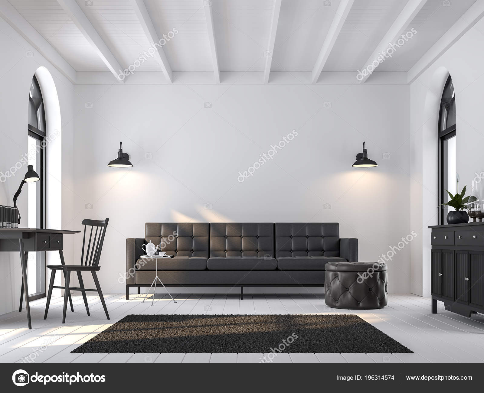 Scandinavian Living Room Render White Wooden Floor Furnished Black