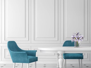Modern Klasik yemek odası 3d render, orada olan beyaz masa ve mavi sandalye ile döşenmiş boş beyaz duvar.