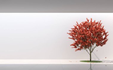 Modern alan 3d render en az tarzı bahçe. Güneş ışığından en, beyaz yer kırmızı ağaçları ile süslenmiş.