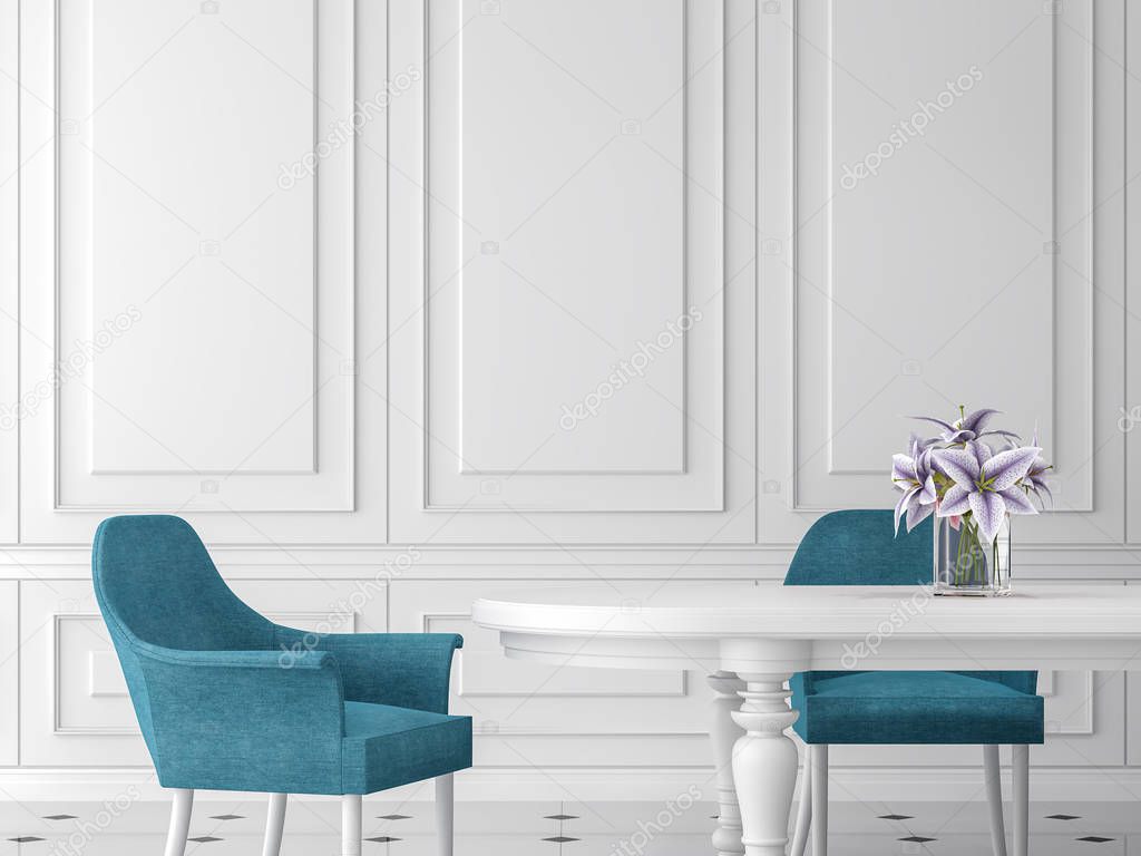 Modern classic dining room 3d render,There are empty white wall,furnished with white table and blue chair.