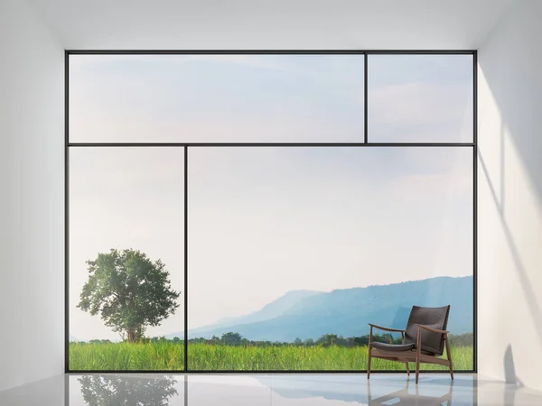 Minimal style empty room with nature view 3d render.There are white floor and wall.The room has a large window overlooking to  nature view.