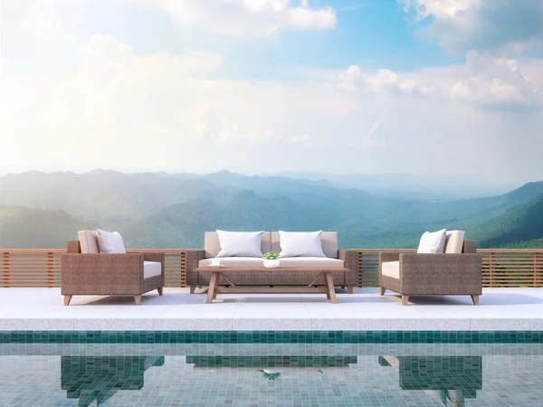 现代泳池露台 山景3D 有绿色的水池瓷砖 配有藤制家具 有木栏杆俯瞰山景 — 图库照片