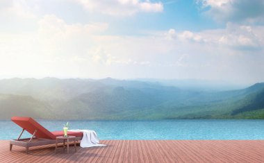 Swimming pool terrace with mountain view 3d render. There are wood floor.Furnished with red fabric poolbed. There are  borderless pool overlooking to mountain view. clipart