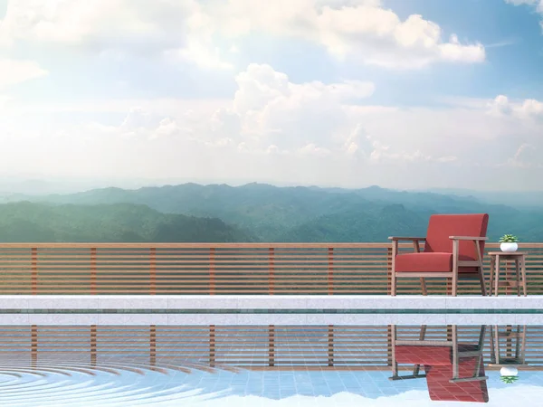 现代泳池露台 山景3D 配有红色布料椅 有木栏杆俯瞰山景 — 图库照片