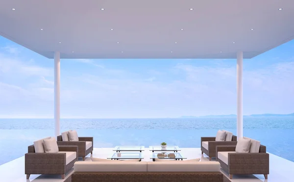 Pavillon Piscine Avec Vue Sur Mer Rendu Bâtiment Blanc Meublé — Photo