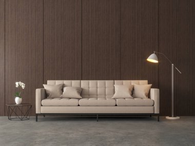 Stil Salon 3d render çatı. Cilalı beton zemin ve ahşap panel duvar vardır. Hafif kahverengi kumaş koltuk ile döşenmiş.