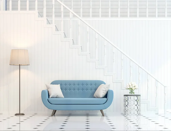 Modern classic stair hall 3d render,There are white room and stairs up to the upper floor,furnished with blue furniture.