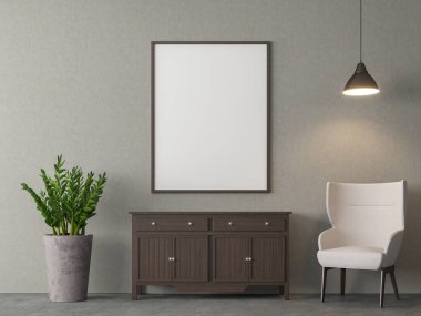 Stil Salon 3d render çatı, orada beton cilalı kat süslemeleri ile boş resim çerçevesi kırpma yoluyla. Beyaz kumaş koltuk ile döşenmiş.