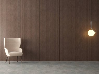 Modern loft boş oda 3d render. Cilalı beton zemin ve ahşap panel duvar vardır. Beyaz kumaş koltuk ile döşenmiş.