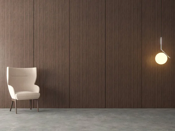 现代阁楼空房间3D 有抛光混凝土地板和木面板墙 配有白色布艺扶手椅 — 图库照片