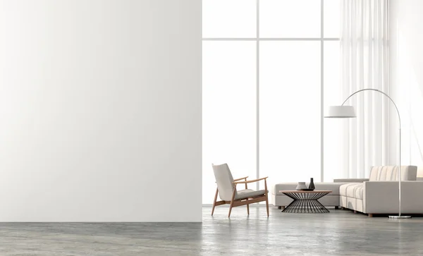En az tarzı oturma odası 3d render. Beton zemin, beyaz duvar vardır. Bej renk mobilya ile bitmiş, oda büyük pencereler vardır. Sahne dışında görmek isteyen.