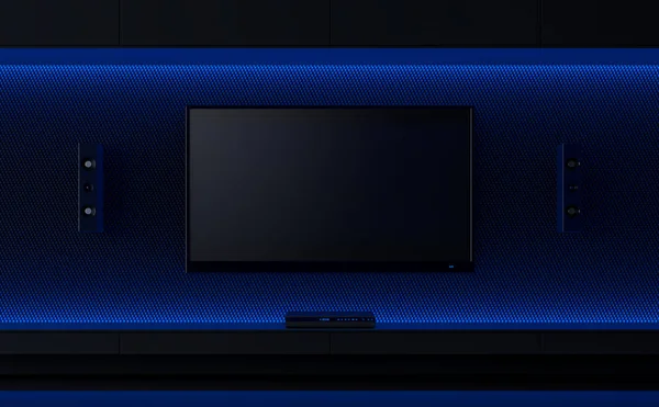 TV wall design idea 3d render,There are black room decorate with hidden blue light,There are clipping path on tv screen
