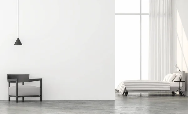 最小样式卧室3D 有混凝土地板 白色的墙 用轻质坯布家具完成 房间里有大窗户 看外面的风景 — 图库照片
