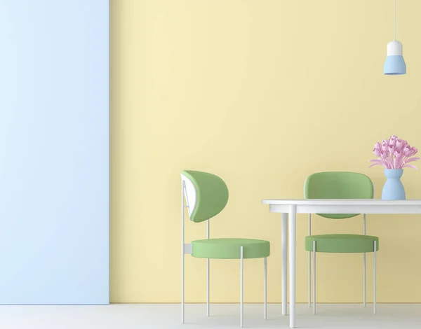 近代的なカラフルなダイニング ルーム レンダリング パステルで飾る壁色 装飾された白いテーブルと緑の椅子 — ストック写真