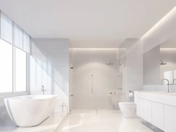Modern lüks beyaz banyo 3d render. Beyaz çini duvar ve zemin vardır. Oda büyük pencereler vardır. Güzel bir gün için iç.