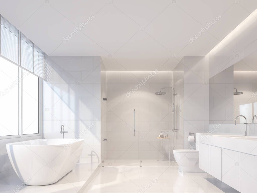 Modern luxury white bathroom 3d render. There are white tile wall and floor.The room has large windows. The sun is shining to inside.
