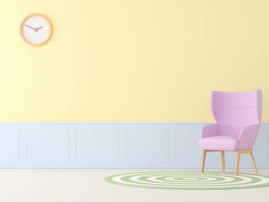 Pastel living room with pink chair 3d render,There are White floor,yellow and blue wall,decorate with green circle carpet.  clipart