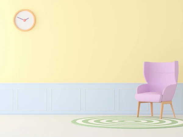 Pastel living room with pink chair 3d render,There are White floor,yellow and blue wall,decorate with green circle carpet.
