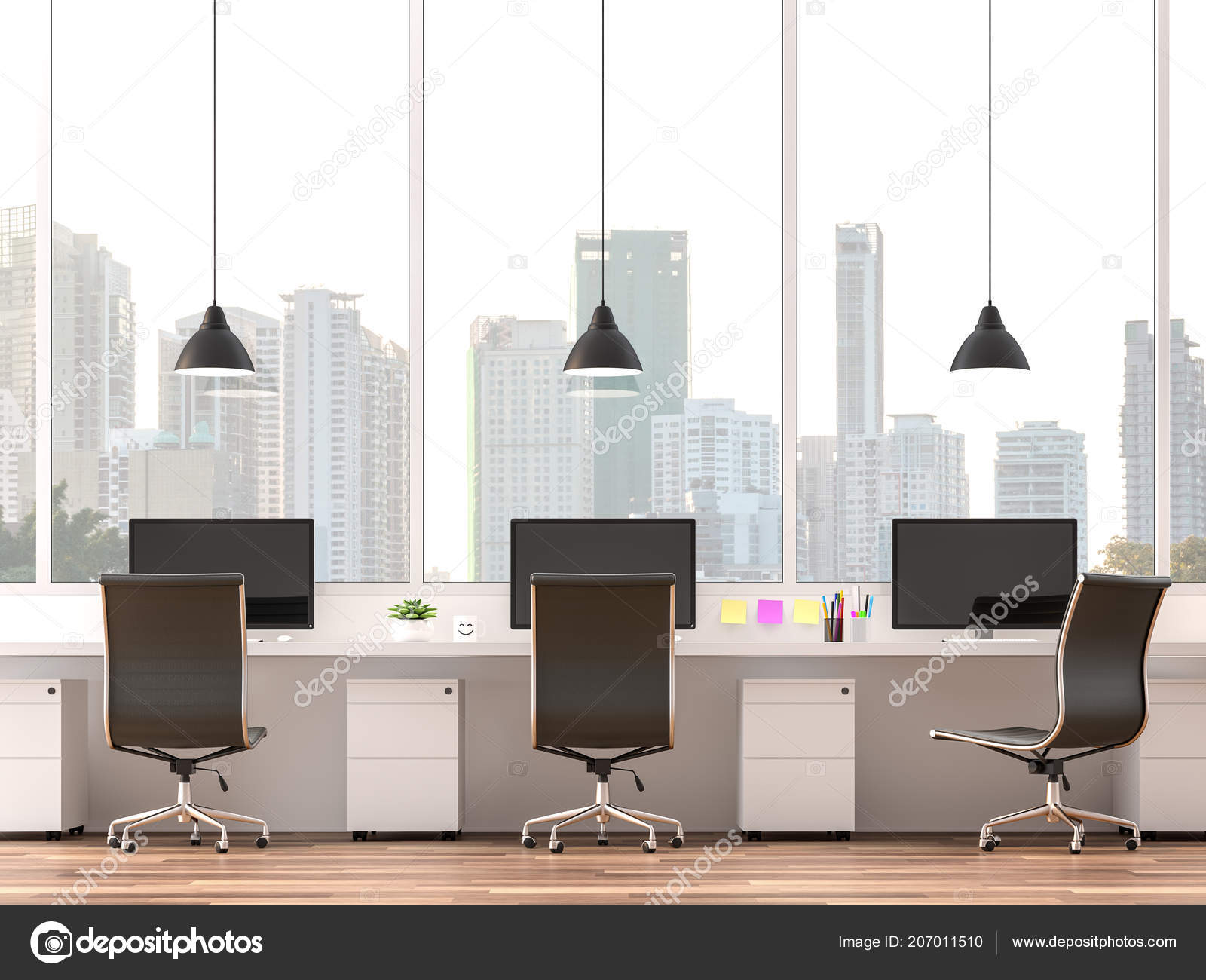 Moderm Office City View Render Rooms Have Wooden Floors Furnished