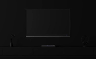 Minimal style image empty tv screen 3d render.There are a mysterious dark room, Decorate with black tv with clipping at the screen. clipart