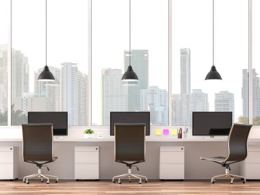 Moderm ofisi şehir görünümü 3d render ile. Odalar ahşap zemine sahiptir. Beyaz masa ve siyah deri sandalye ile donatılmıştır. Orada şehir görünümüne büyük pencere bakan. 
